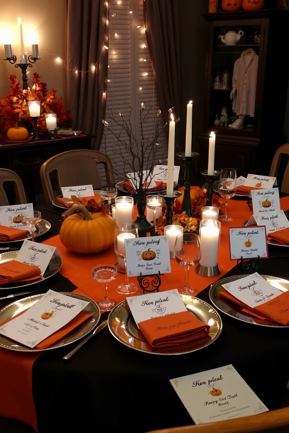 A cozy dining room setting for Halloween featuring a beautifully set table adorned with personalized menu cards. The table is decorated with orange and black tablecloths, and each place setting includes a unique Halloween-themed card with the guest's name and a festive illustration. The room is illuminated by soft candlelight, creating a warm and inviting atmosphere. Spooky centerpieces made of pumpkins and autumn leaves enhance the Halloween spirit, while string lights add a whimsical touch to the decor.