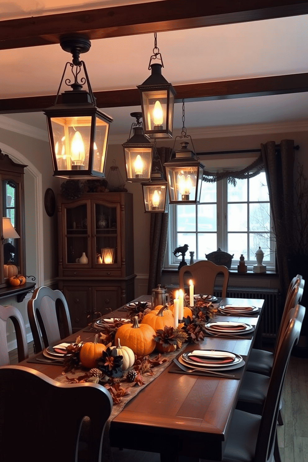 A cozy dining room adorned with vintage lanterns hanging from the ceiling creates a warm and inviting atmosphere. The table is set with autumn-themed decorations, featuring pumpkins and dark foliage, enhancing the Halloween spirit.