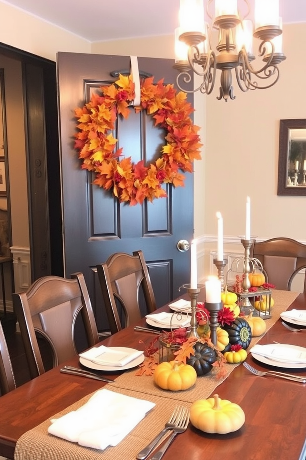 A charming autumn wreath adorns the front door, crafted from vibrant leaves and seasonal flowers. The warm colors of orange, red, and yellow invite guests into a festive atmosphere. Inside the dining room, a beautifully set table showcases a rustic table runner and elegant dinnerware. Flickering candlelight and small pumpkins create a cozy ambiance for Halloween celebrations.