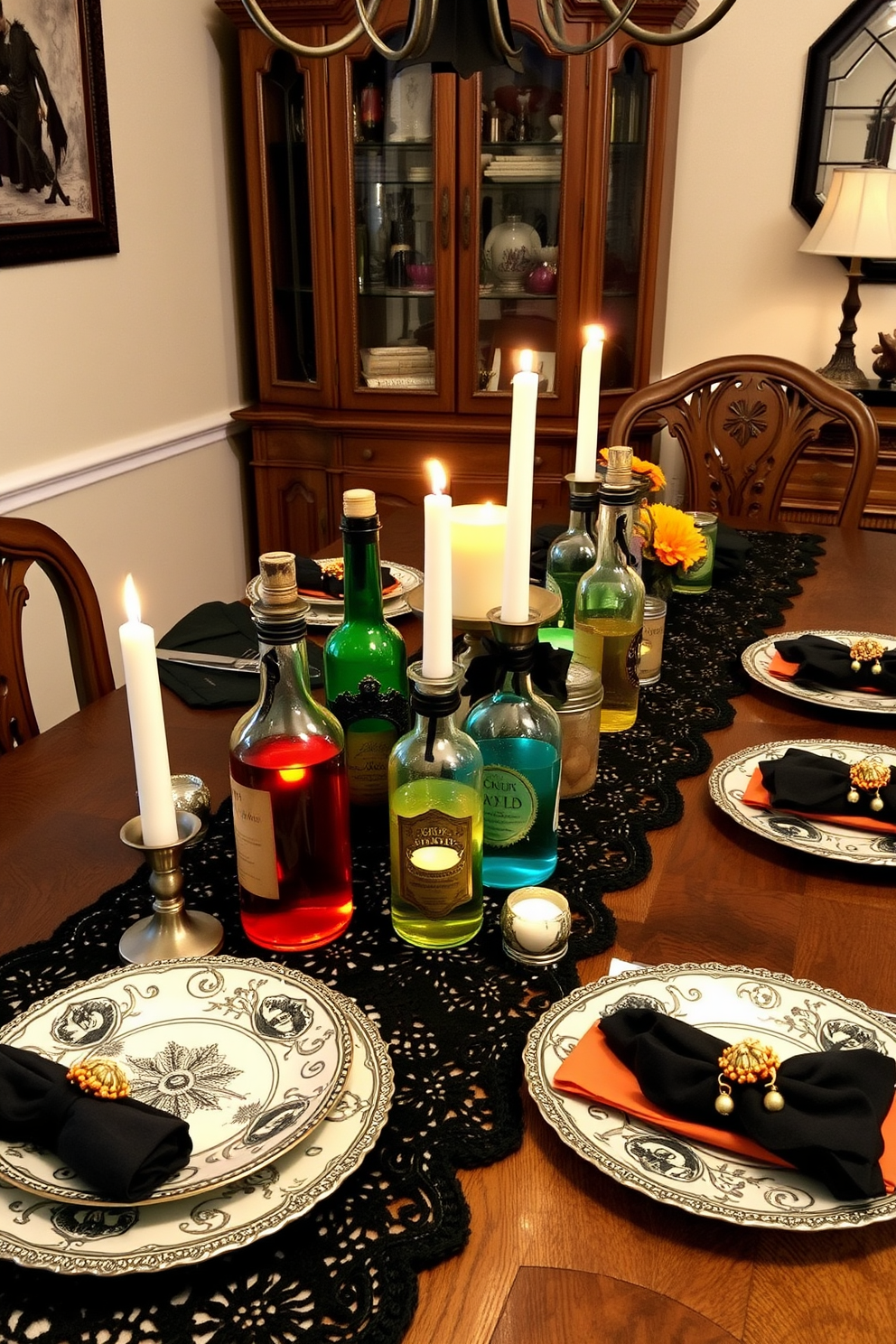 Decorative potion bottles in various shapes and sizes are arranged as table decor, adding a whimsical touch to the dining room. The bottles are filled with colorful liquids and placed on a dark lace table runner, surrounded by flickering candlelight for an enchanting atmosphere. The dining table is set with vintage-inspired dinnerware, featuring intricate designs that complement the potion bottles. Black and orange accents, such as napkins and centerpieces, enhance the Halloween theme while creating a cozy and inviting space for guests.