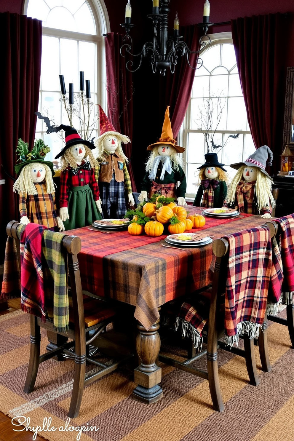 Create a whimsical Halloween dining room filled with scarecrow figures. Each scarecrow is uniquely dressed in colorful fabrics, adding a festive charm to the space. The dining table is adorned with a vibrant autumn tablecloth and a centerpiece of mini pumpkins. Surrounding the table, rustic chairs are draped with plaid throws for a cozy touch.