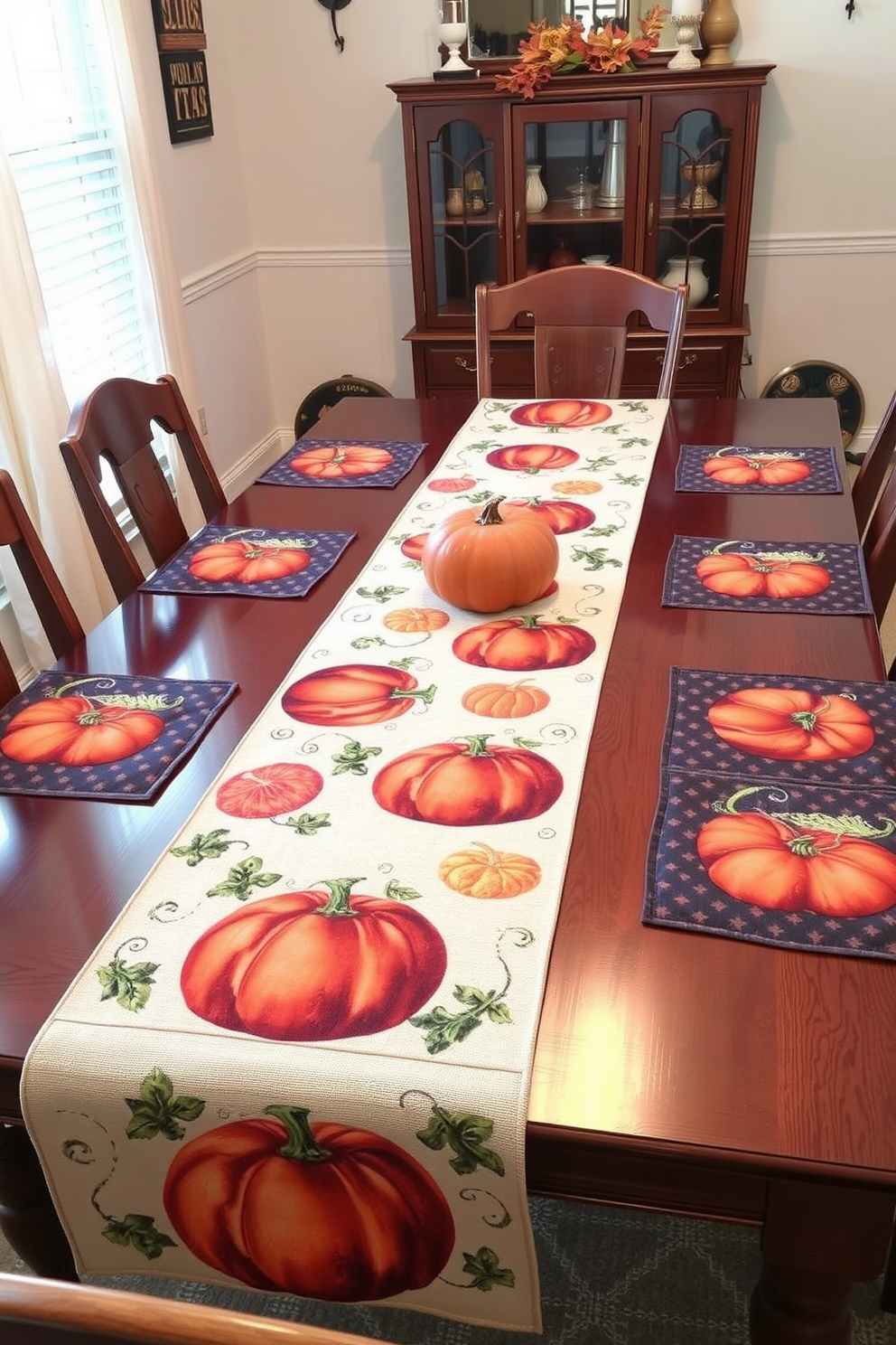 A festive dining room setting featuring a pumpkin-themed table runner that stretches across a polished wooden table. The table is adorned with matching pumpkin placemats, creating a warm and inviting atmosphere for Halloween gatherings.