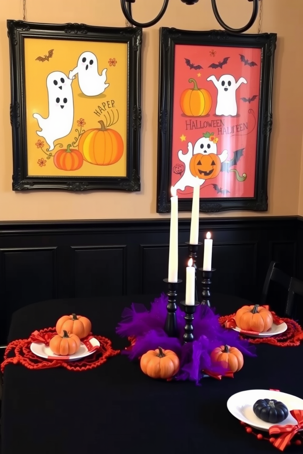 Whimsical Halloween-themed wall art featuring playful ghosts and cheerful pumpkins in vibrant colors. The artwork is framed in ornate black frames, creating a festive focal point for the room. Halloween dining room decorating ideas include a table set with a black tablecloth adorned with orange and purple accents. Centerpieces feature miniature pumpkins and flickering candle holders to enhance the spooky ambiance.