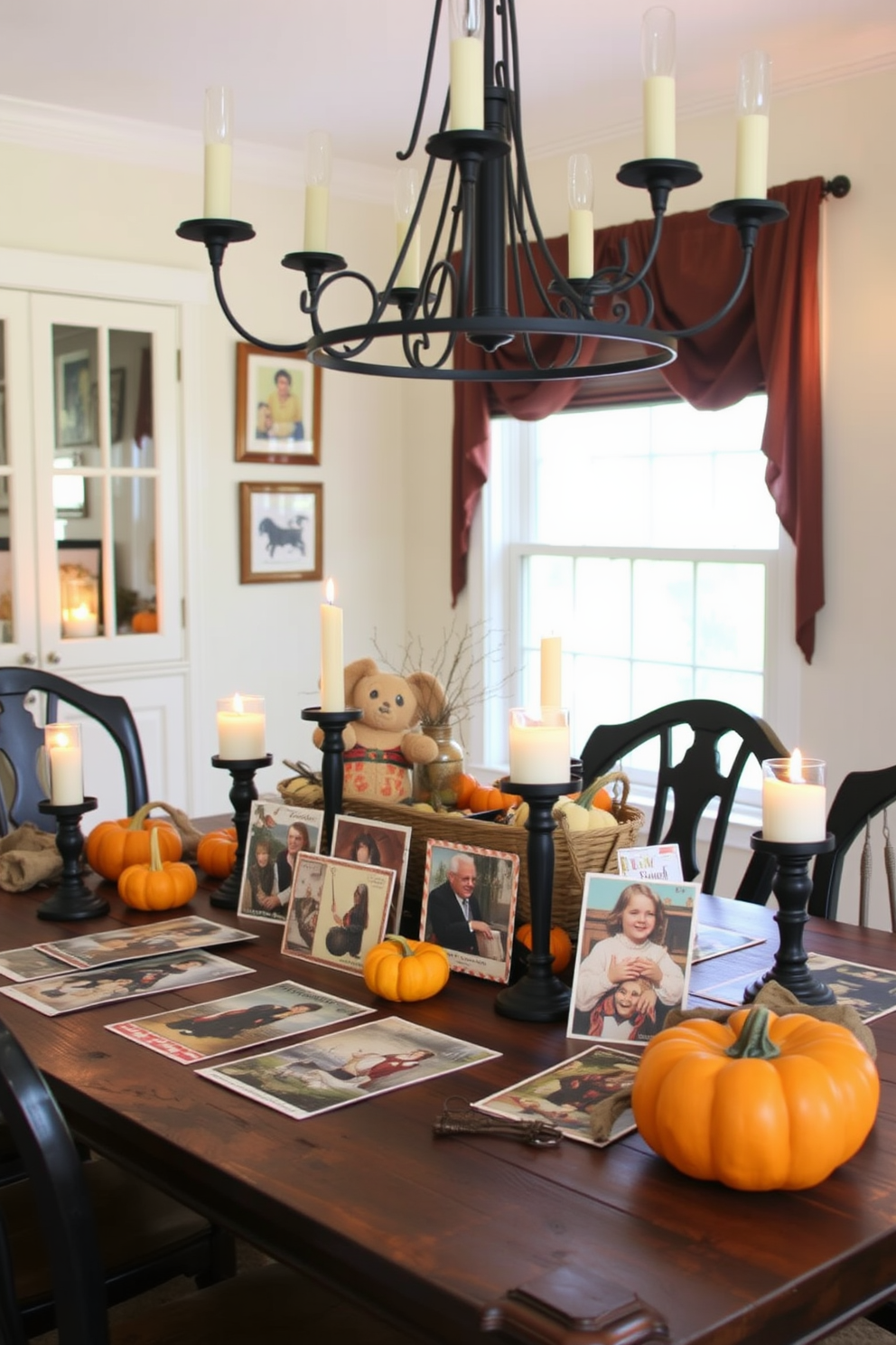 A charming dining room featuring vintage Halloween postcards displayed as table decor. The postcards are arranged on a rustic wooden table, surrounded by small pumpkins and flickering candle holders for an inviting atmosphere.