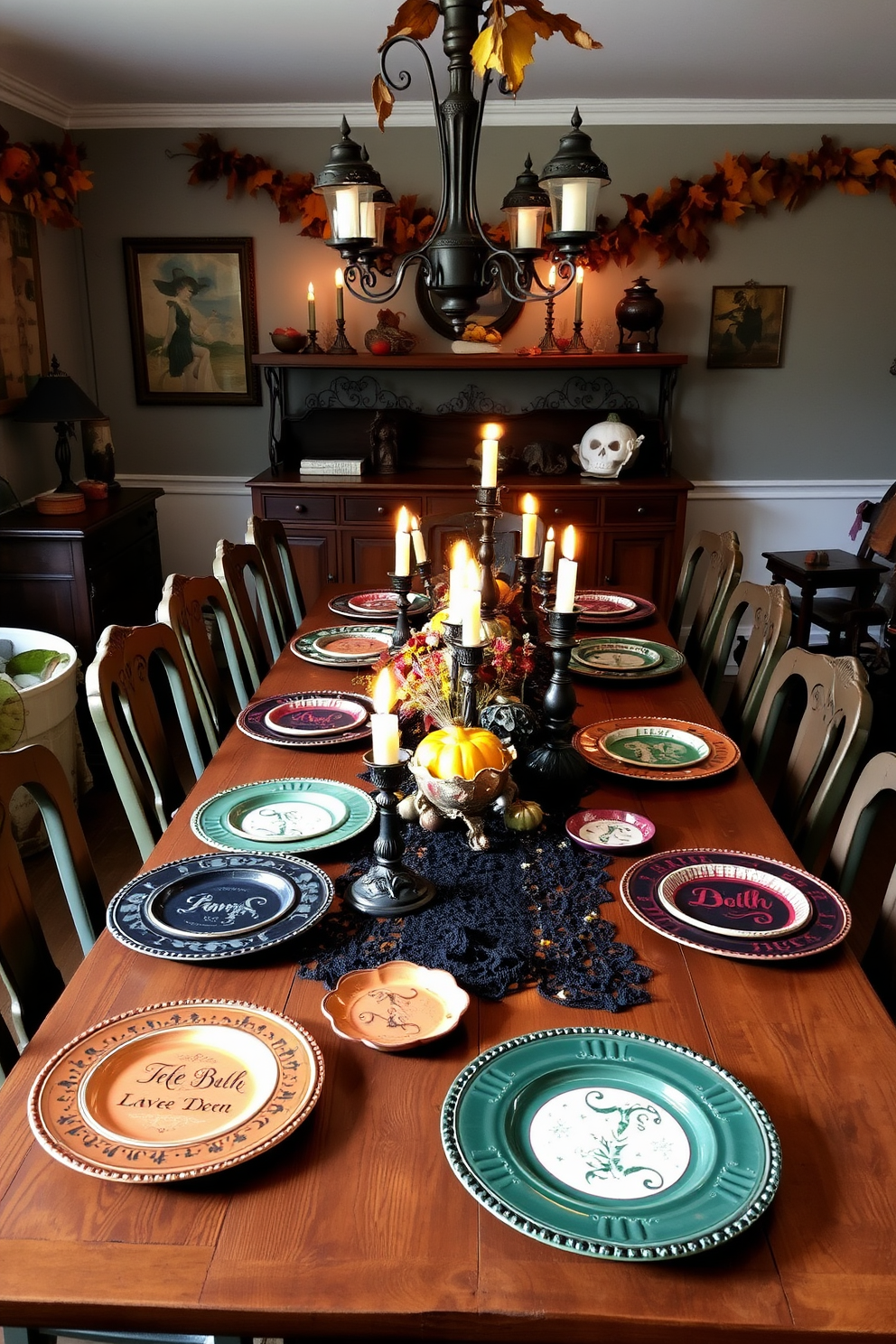 A whimsical Halloween dining room features a long wooden table set with mismatched antique plates in various colors and patterns. The table is adorned with a black lace table runner, and flickering candles in ornate holders create a warm, inviting glow. Surrounding the table are vintage chairs, each uniquely styled to enhance the eclectic atmosphere. On the walls, spooky artwork and garlands of autumn leaves add to the festive decor, while a centerpiece of miniature pumpkins and dried flowers completes the look.