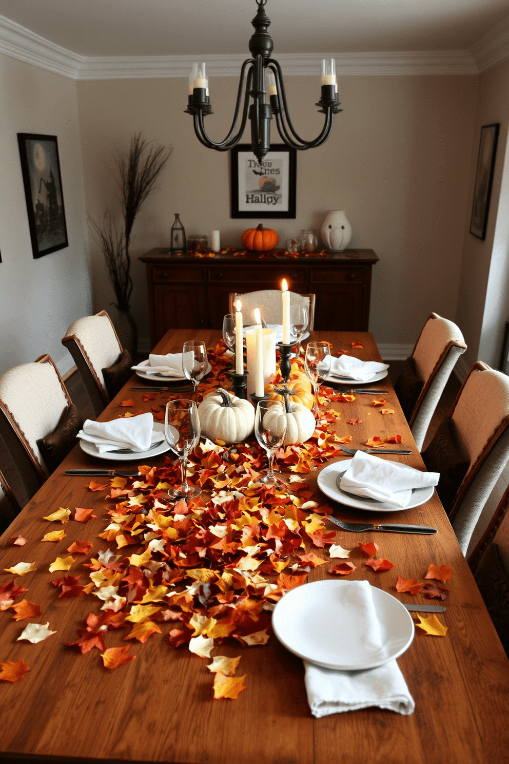 A festive dining room adorned with autumn leaves scattered across a rustic wooden table. The table is set with elegant dinnerware, and a centerpiece of pumpkins and candles creates a warm ambiance. The walls are decorated with subtle Halloween-themed artwork, adding a playful touch to the space. Soft, ambient lighting enhances the cozy atmosphere, inviting guests to gather and celebrate the season.