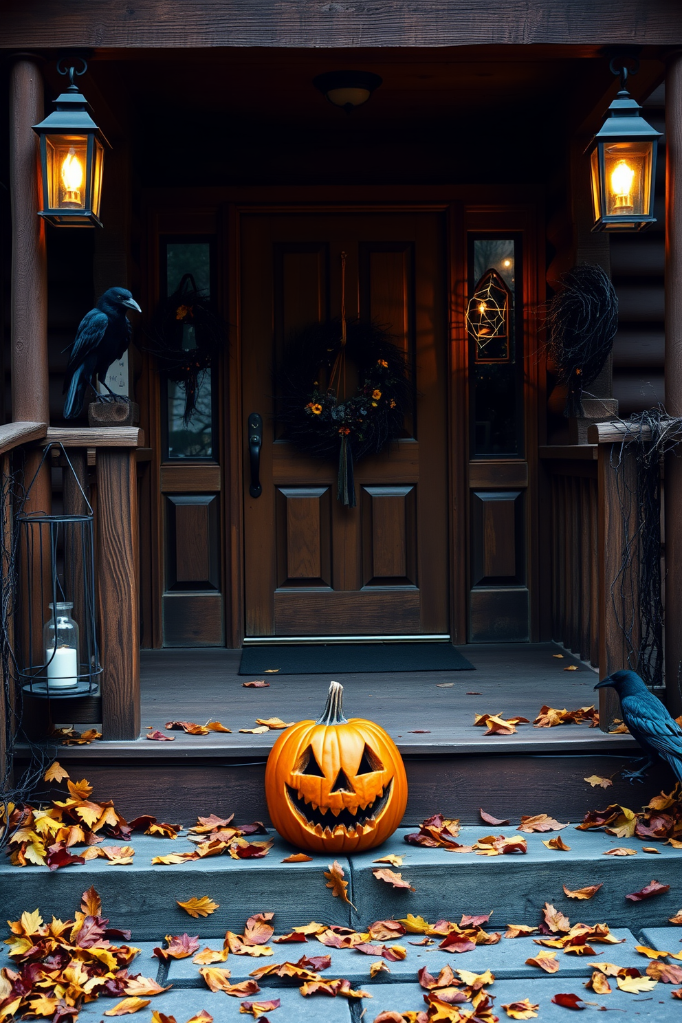 A spooky Halloween entryway features a rustic wooden porch adorned with black crows perched ominously on the railing. The floor is scattered with autumn leaves, and a carved pumpkin with a mischievous grin sits at the base of the steps. Wreaths made of dark twigs and eerie decorations hang on the door, creating an inviting yet haunting atmosphere. Flickering lanterns illuminate the scene, casting shadows that dance with the night.