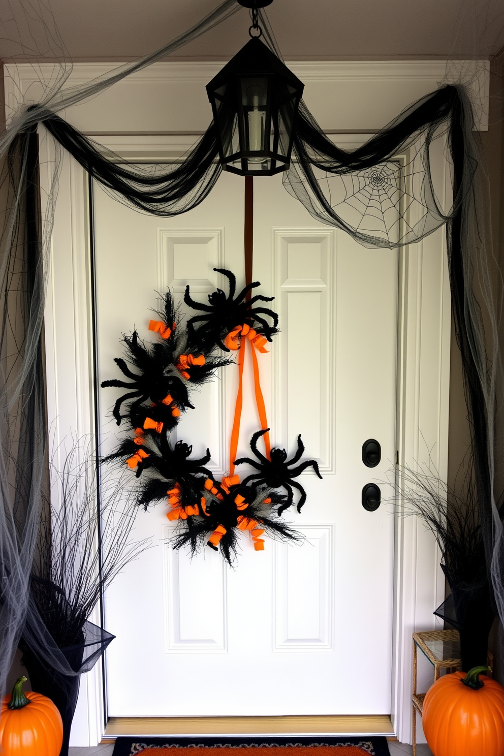 A Halloween entryway decorated with creepy spider webs in every corner. The front door is adorned with a spooky wreath featuring artificial black spiders and orange accents.