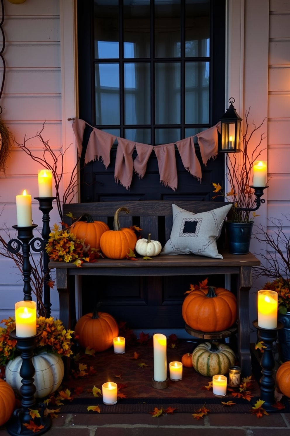 A cozy Halloween entryway adorned with flickering LED candles that cast a warm glow. The scene features a rustic wooden bench decorated with seasonal pumpkins and autumn leaves, inviting guests to enjoy the festive atmosphere.