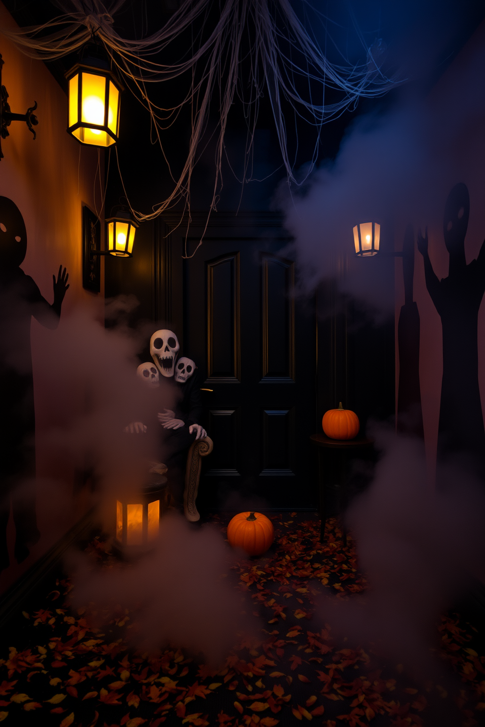 A spooky entryway adorned with eerie fog rolling in from a fog machine. The entrance features a dark wooden door surrounded by flickering lanterns and cobwebs draping from the ceiling. On the floor, scattered autumn leaves create a crunching sound underfoot, while a carved pumpkin sits ominously on a small table. Ghostly silhouettes are projected onto the walls, enhancing the haunting atmosphere as guests approach.