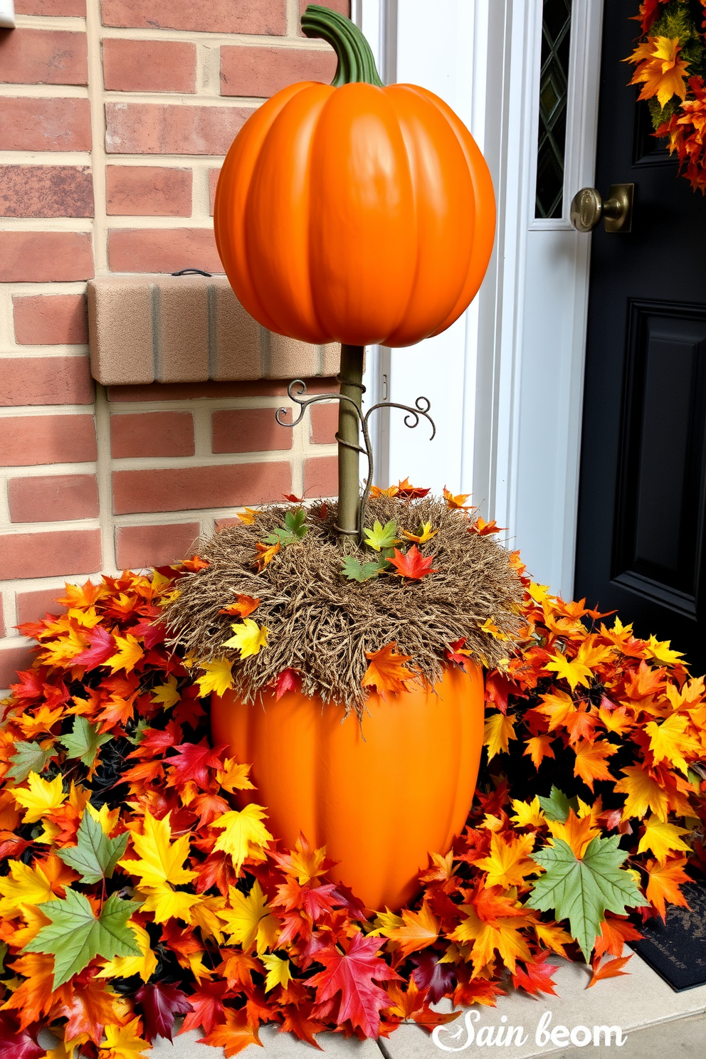 A charming pumpkin topiary greets visitors at the door, adding a festive touch to the entryway. Surrounding the topiary, colorful autumn leaves create a warm and inviting atmosphere for Halloween.