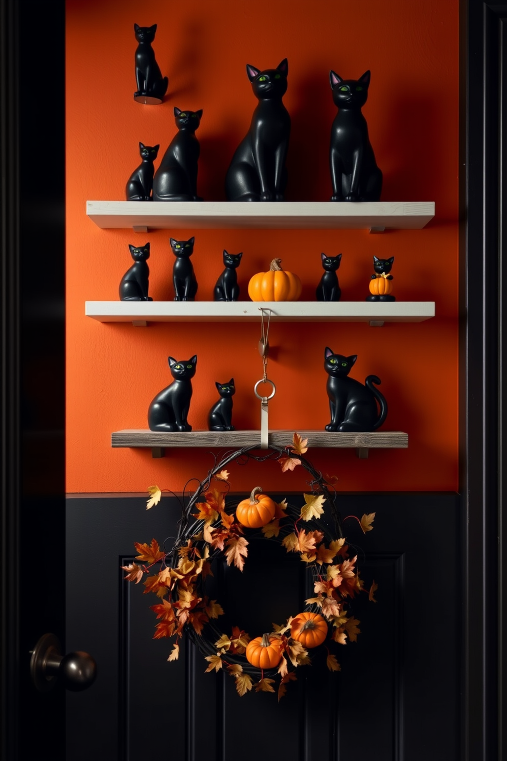 A whimsical Halloween entryway features shelves adorned with charming black cat figurines in various poses. The walls are painted a deep orange, and a festive wreath with autumn leaves and tiny pumpkins hangs on the door.