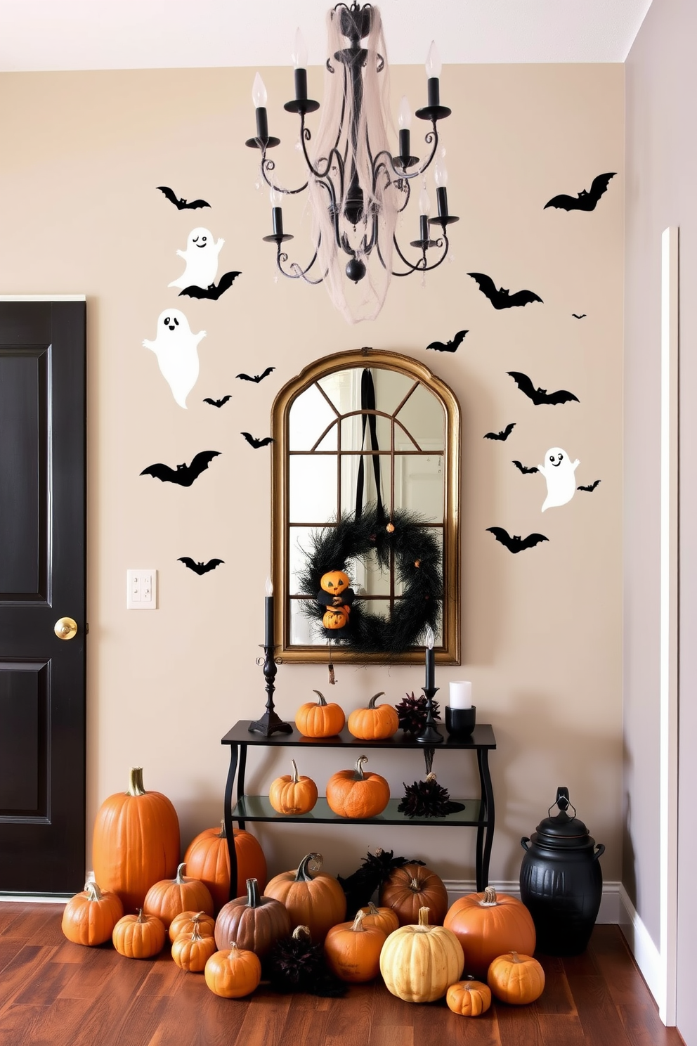 Spooky wall decals featuring ghosts and bats create an eerie atmosphere in the entryway. The decals are strategically placed around a vintage mirror and a cobweb-covered chandelier. A collection of pumpkins in various sizes adorns the entryway floor, adding a festive touch. A small table is decorated with black candles and a spooky wreath to welcome guests.