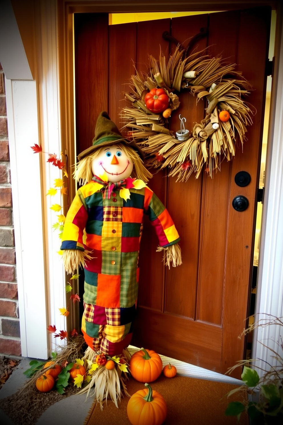 A whimsical scarecrow stands at the entrance, dressed in colorful patchwork clothing and a friendly smile. Surrounding the scarecrow are vibrant autumn leaves and small pumpkins, creating a festive atmosphere for Halloween. The entryway features a rustic wooden door adorned with a seasonal wreath made of dried corn and hay. Soft, warm lighting illuminates the space, inviting guests to step inside and enjoy the Halloween spirit.