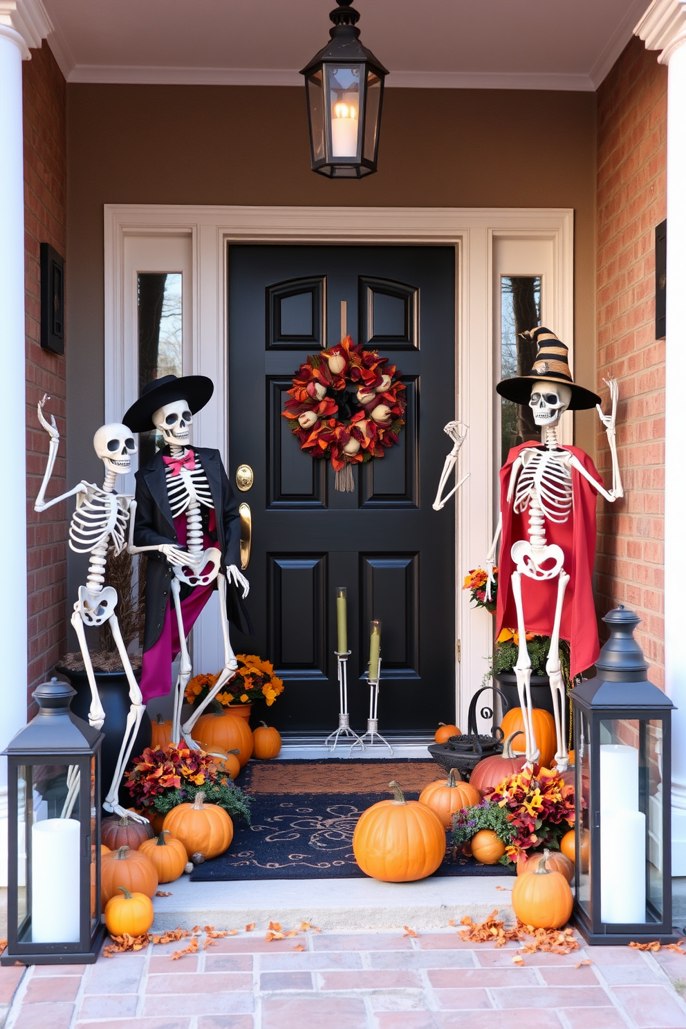 A whimsical Halloween entryway features decorative skeletons playfully posed around the entrance. The skeletons are dressed in various costumes, adding a fun and festive touch to the space. Surrounding the skeletons are autumnal decorations, including pumpkins and fall foliage. Soft lighting from lanterns creates an inviting atmosphere, perfect for welcoming guests.