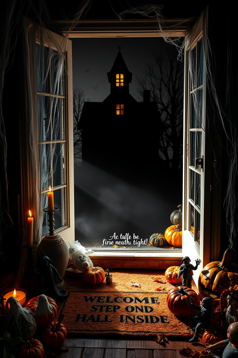 A haunting silhouette of a decrepit house looms in the window, casting eerie shadows across the entryway. The atmosphere is filled with a chilling ambiance, enhanced by flickering candlelight and cobwebs draping the corners. The entryway is adorned with Halloween decorations, featuring a mix of pumpkins, ghostly figures, and autumn leaves. A welcoming mat with a spooky message invites guests to step inside this festive yet frightful space.