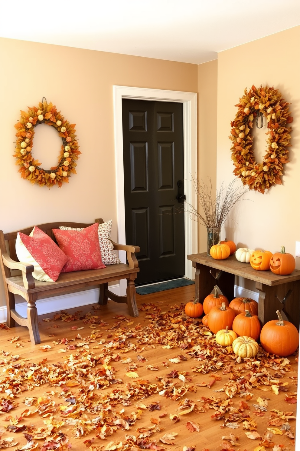 A cozy entryway adorned with autumn leaves scattered across a warm wooden floor. The walls are painted in a soft beige, and a rustic bench with colorful throw pillows sits against one side. On the opposite wall, a festive wreath made of dried leaves and small pumpkins hangs on the door. A collection of carved pumpkins in varying sizes is placed near the entrance, adding a playful touch to the seasonal decor.