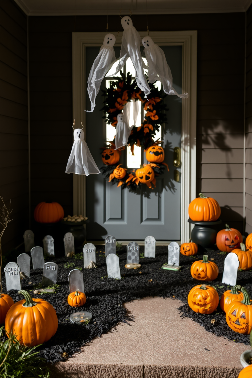 A miniature graveyard scene on the porch features small tombstones scattered across the ground, with eerie lighting casting shadows on the decorations. Ghostly figures made of white fabric hang from the porch ceiling, creating a spooky atmosphere for Halloween. The Halloween entryway is adorned with a wreath made of black and orange leaves, welcoming guests with a festive touch. Pumpkins of various sizes are arranged on either side of the door, some carved with whimsical faces, adding to the seasonal charm.