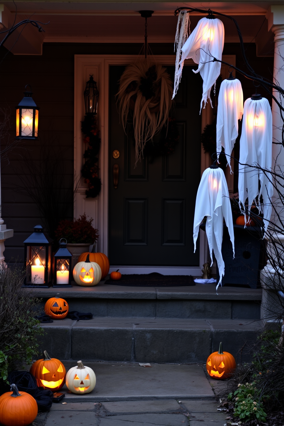 A spooky Halloween entryway adorned with eerie decorations. A cobweb-covered wreath hangs on the door, while flickering lanterns illuminate the path leading to the entrance. A collection of carved pumpkins in various sizes sits on the steps, each with a unique face. Ghostly figures made of white fabric dangle from the porch, swaying gently in the breeze.