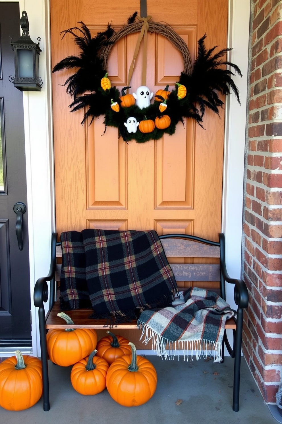 A seasonal wreath adorned with spooky accents hangs on the front door, featuring black feathers, miniature pumpkins, and ghostly figures. The entryway is enhanced with a rustic bench, where a cozy plaid blanket and a collection of carved pumpkins create an inviting atmosphere.