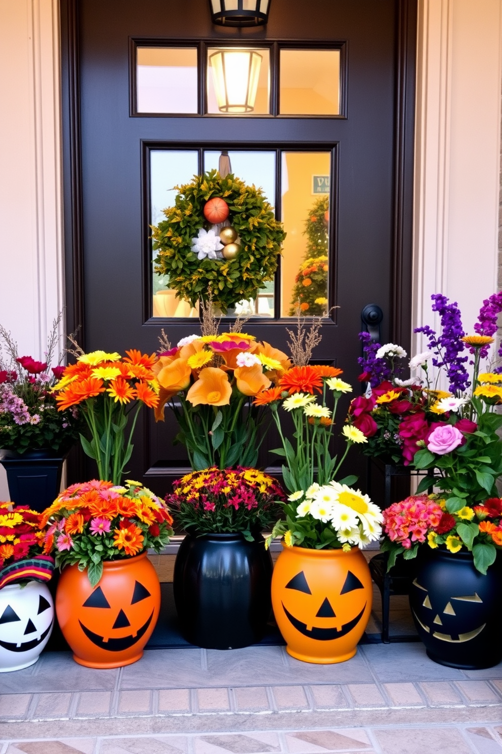 A vibrant entryway adorned with colorful fall flowers arranged in whimsical Halloween pots. The space is illuminated by warm lighting, creating a welcoming atmosphere for guests.