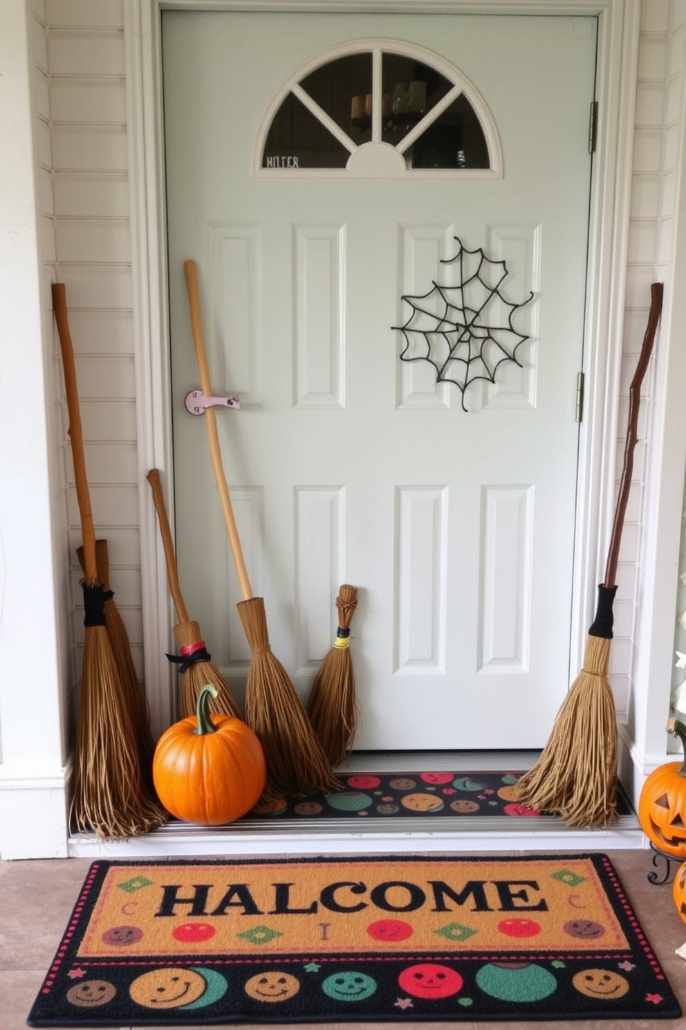 A whimsical Halloween entryway features broomsticks leaning casually against the wall, creating a festive atmosphere. The floor is adorned with a colorful welcome mat, and carved pumpkins are placed on either side of the door.