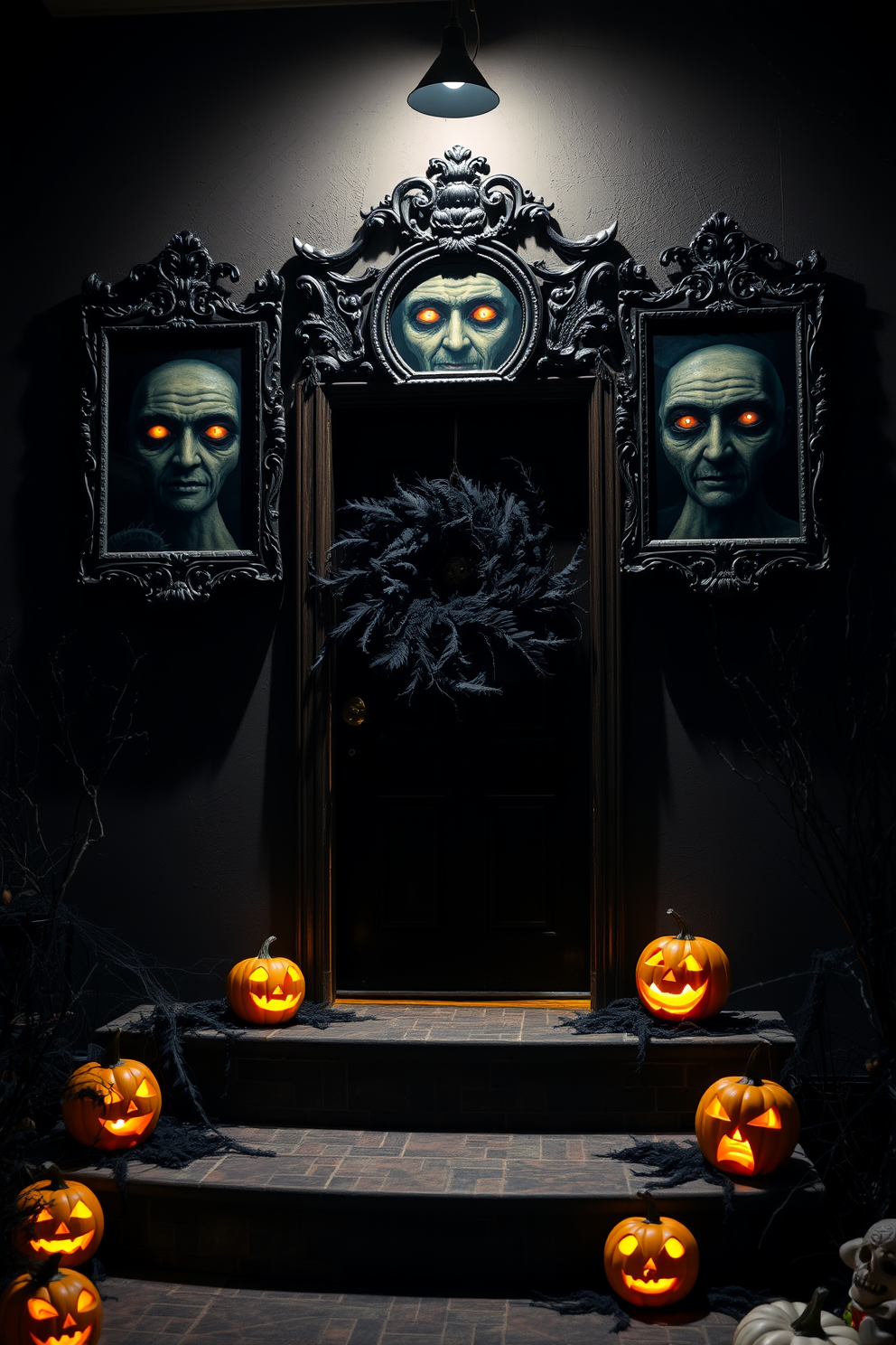 Creepy portraits with changing eyes. The portraits are framed in ornate, dark wood with intricate carvings, and they hang on a dimly lit wall that casts eerie shadows. Halloween entryway decorating ideas. The entryway features a spooky wreath made of black feathers and artificial cobwebs, while glowing jack-o'-lanterns line the steps leading to the door.