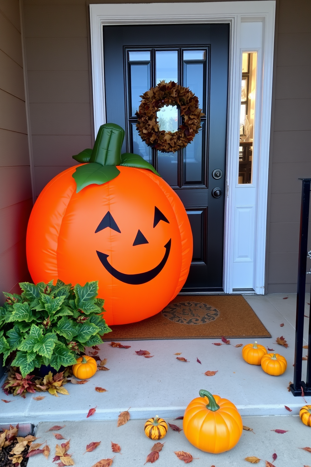 A giant inflatable pumpkin stands proudly by the door, welcoming guests with its cheerful presence. The entryway is adorned with autumn leaves and small decorative gourds, creating a festive atmosphere.