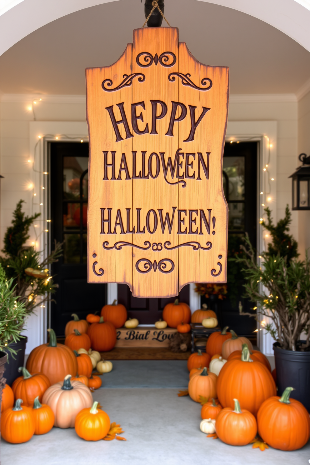 A rustic wooden sign hangs in the entryway adorned with a festive Halloween message. The sign features intricate carvings and a weathered finish that complements the warm autumn decor surrounding it. The entryway is decorated with an assortment of pumpkins in various sizes and colors, creating a welcoming atmosphere. Twinkling fairy lights are draped along the walls, adding a cozy glow to the festive scene.