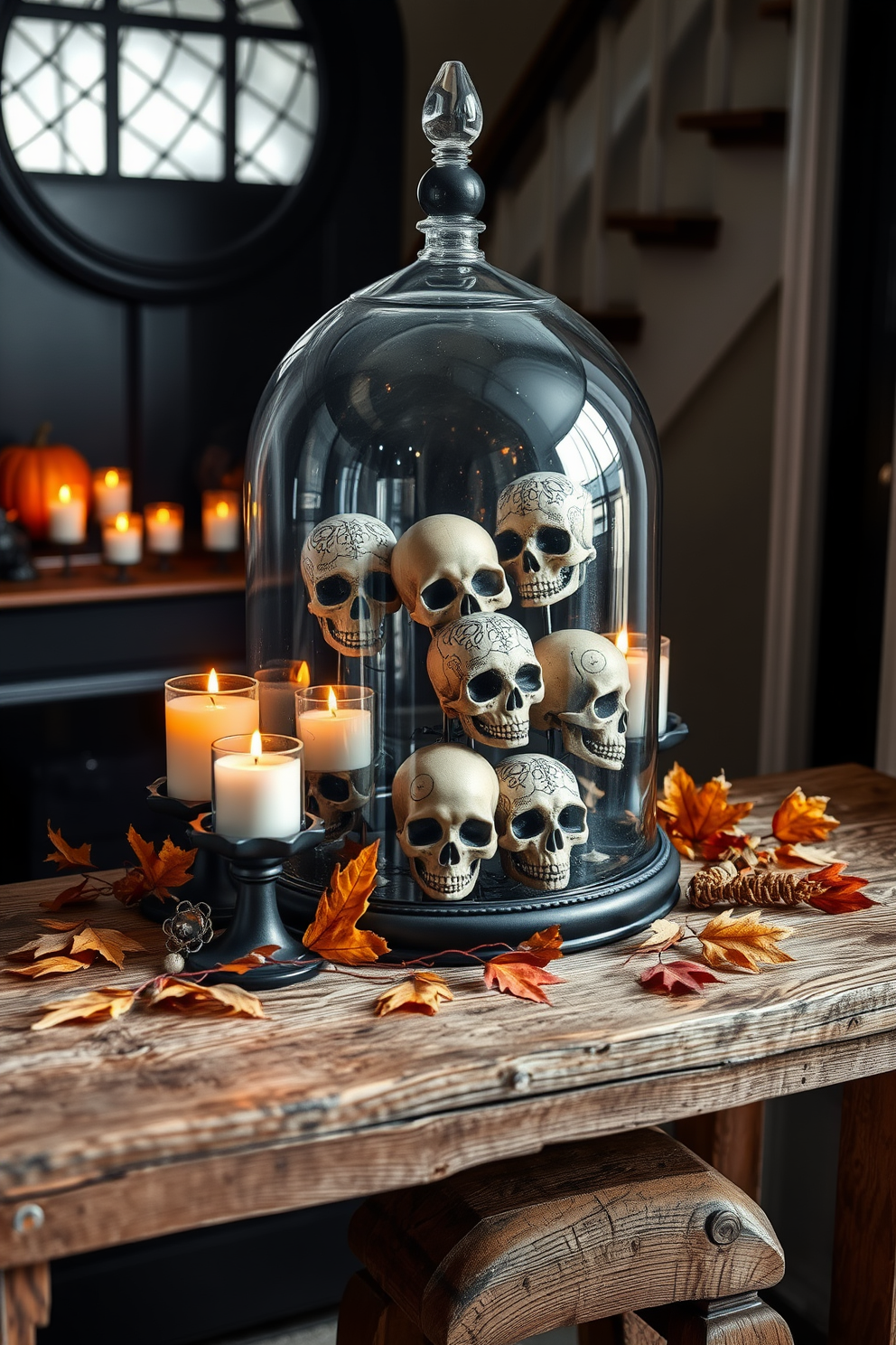 A striking Halloween entryway features a large glass cloche filled with intricately designed skulls. The cloche is placed on a rustic wooden table adorned with autumn leaves and flickering candles.