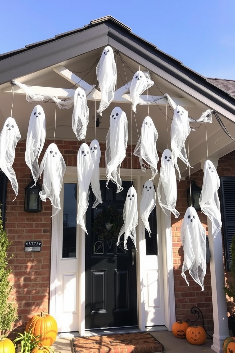 A whimsical Halloween entryway adorned with hanging ghost decorations from the eaves. The ghosts are made of sheer white fabric, gently swaying in the breeze, creating an eerie yet playful atmosphere.