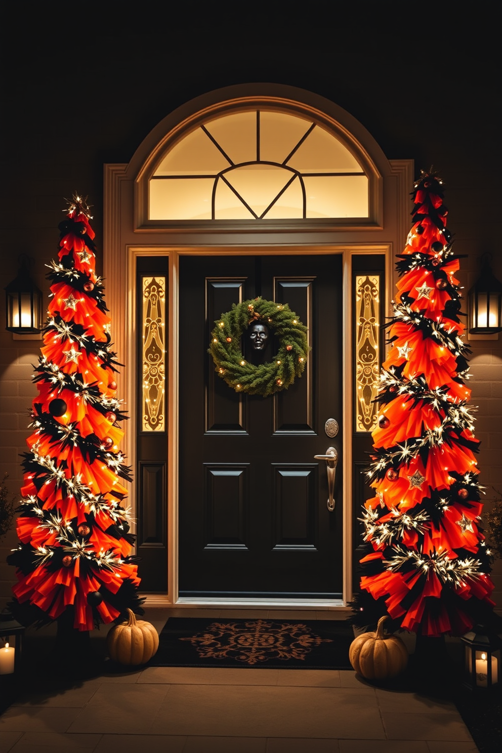 A striking Halloween entryway features two orange and black cone trees flanking the entrance. The trees are adorned with twinkling lights and festive ornaments, creating a warm and inviting atmosphere.