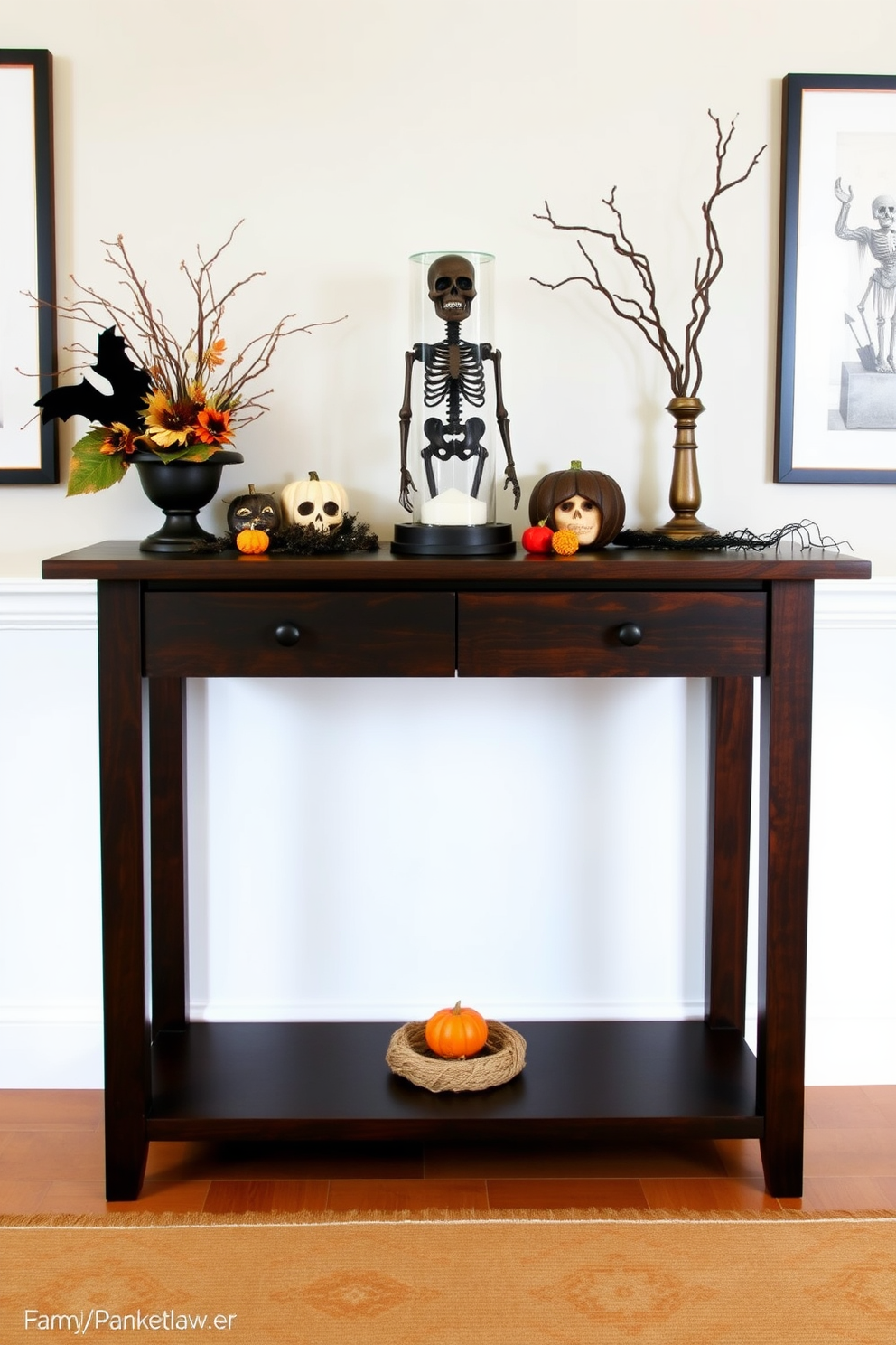 A stylish entryway featuring a sleek entry table made of dark wood. On the table, a skeleton hourglass serves as a striking centerpiece, surrounded by seasonal decorations that evoke the spirit of Halloween. The walls are adorned with subtle autumn-themed artwork, and a warm, inviting rug lies beneath the table. Soft lighting highlights the decor, creating an atmosphere that balances elegance and festive charm.