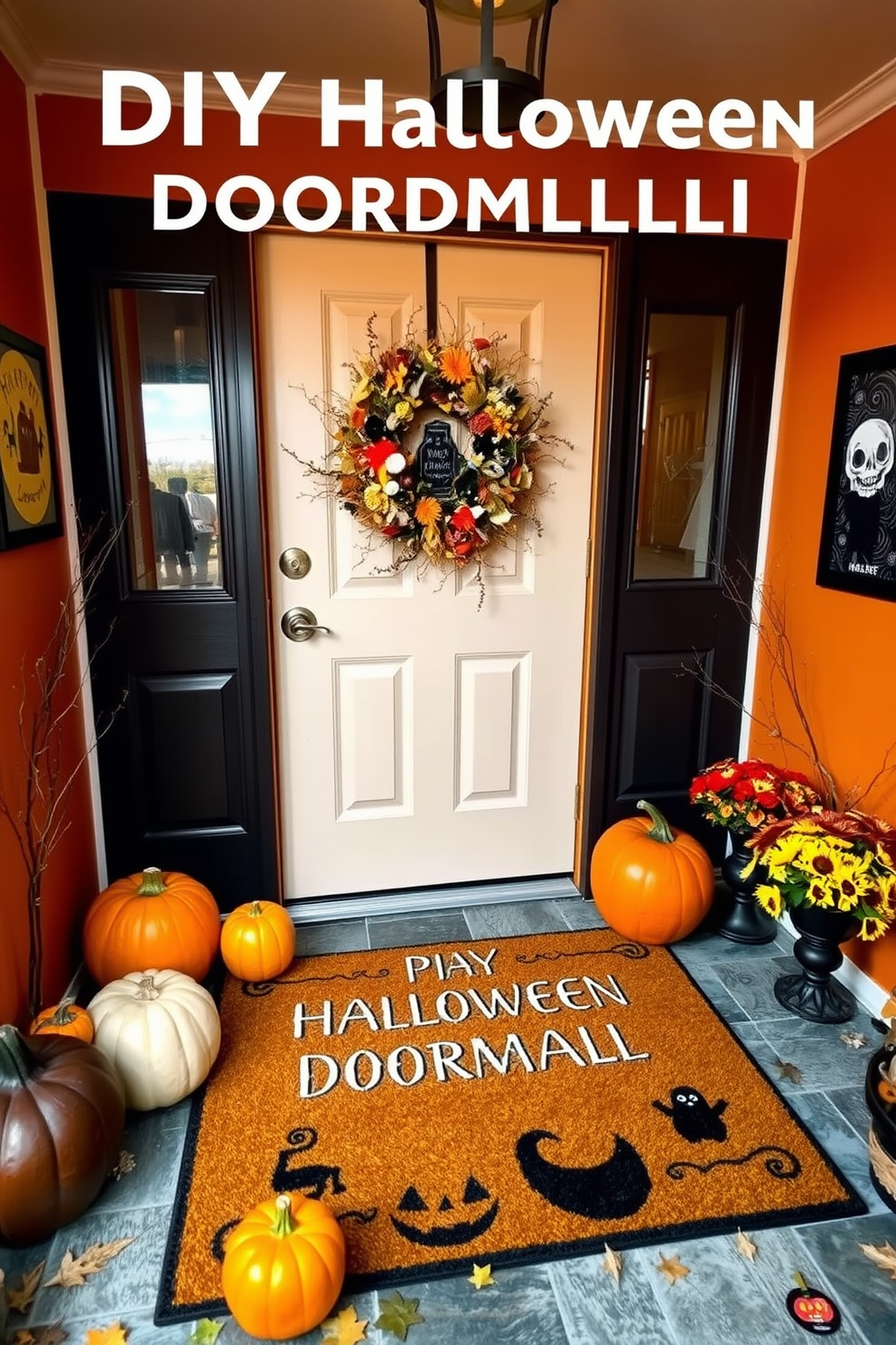 A cozy entryway featuring a DIY personalized Halloween doormat adorned with festive designs. The space is enhanced by a warm color palette, with pumpkins and autumn leaves arranged around the entrance. The walls are decorated with playful Halloween-themed art, creating a welcoming atmosphere. A wreath made of dried flowers and spooky accents hangs on the door, inviting guests to enjoy the seasonal spirit.