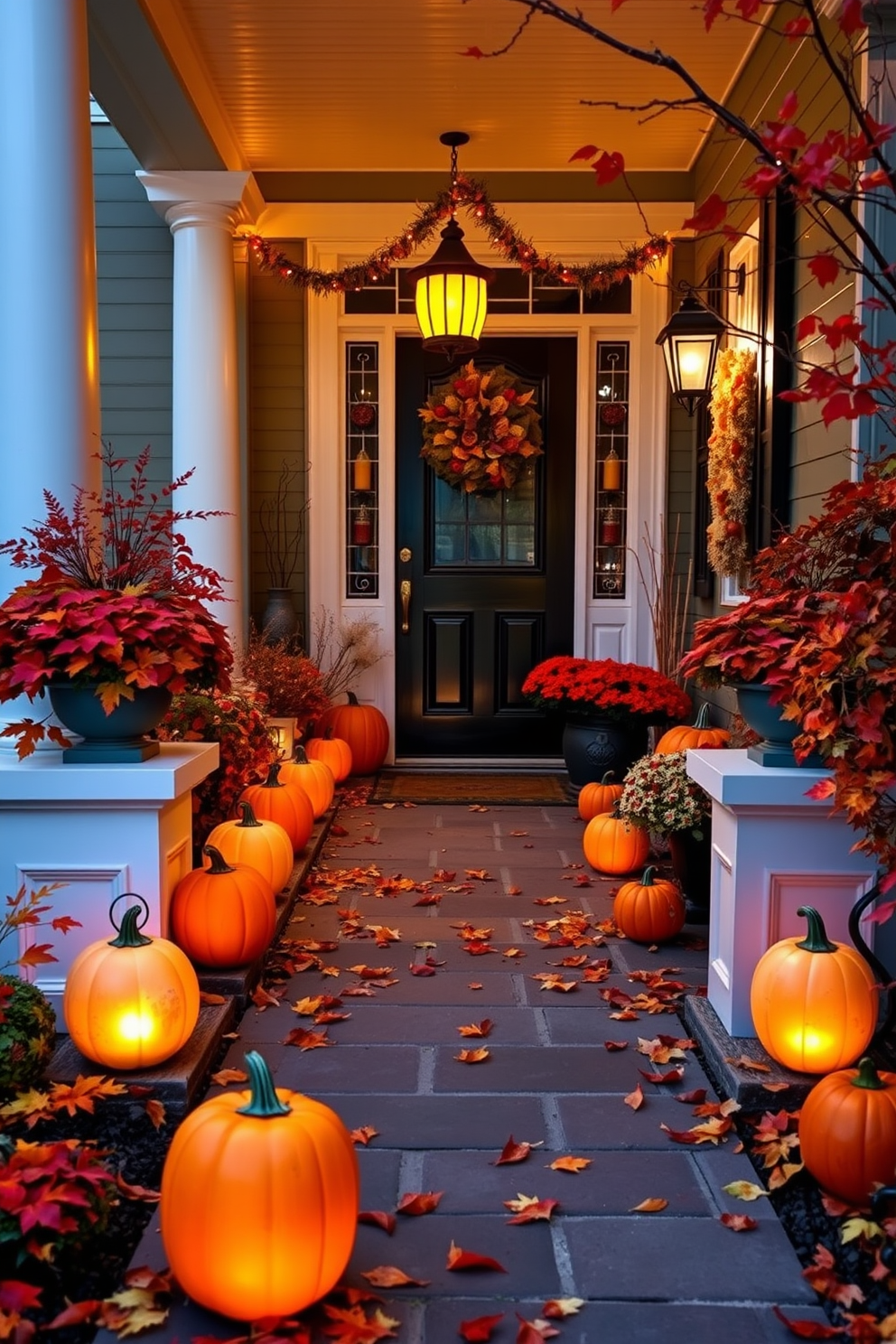 A charming Halloween entryway adorned with pumpkin lanterns lining the walkway. The warm glow of the lanterns creates an inviting atmosphere, surrounded by colorful autumn leaves and festive decorations.