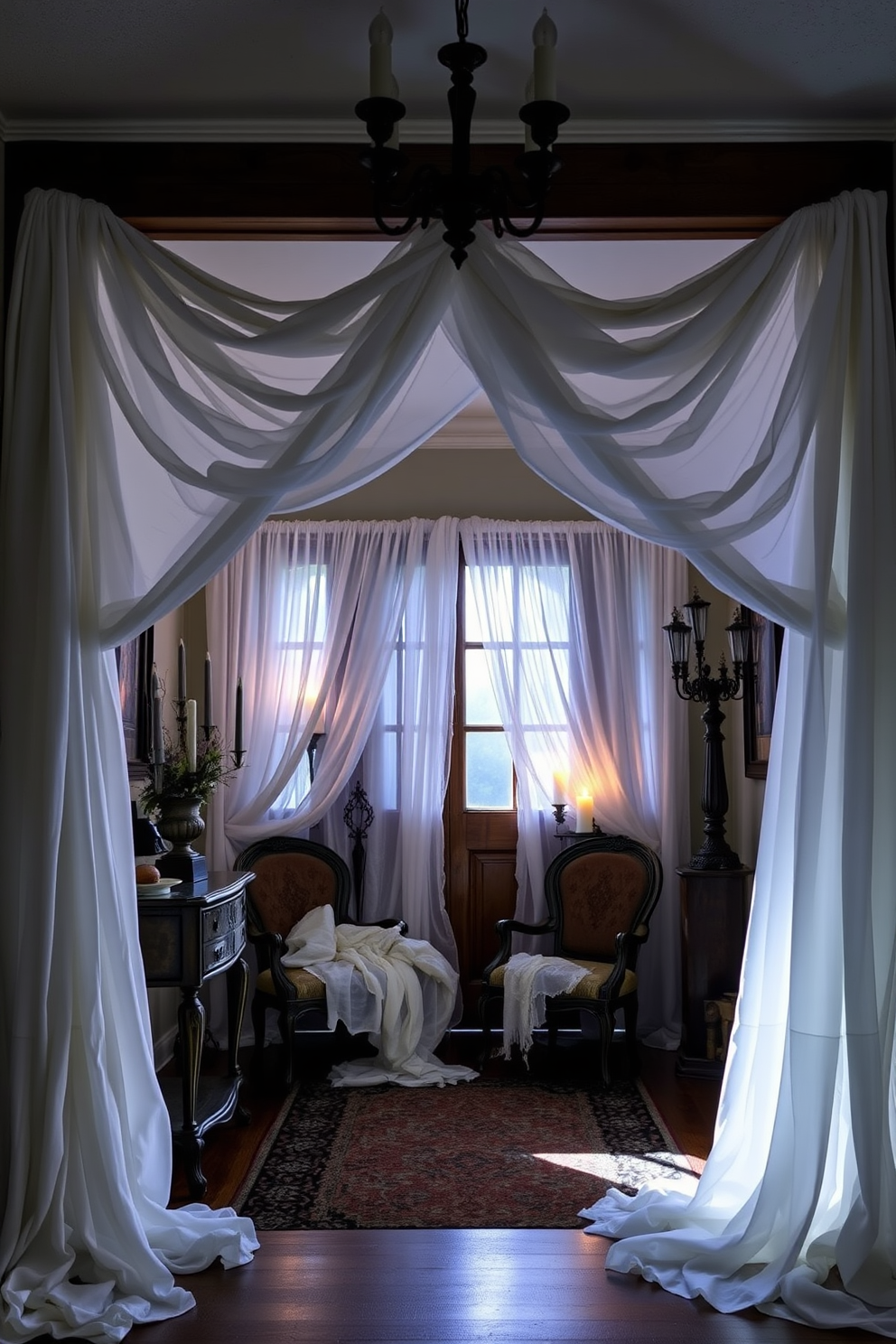 A hauntingly beautiful entryway adorned with ghostly white fabric draping elegantly over vintage furniture. Soft, flickering candlelight casts eerie shadows, enhancing the spooky yet inviting atmosphere.