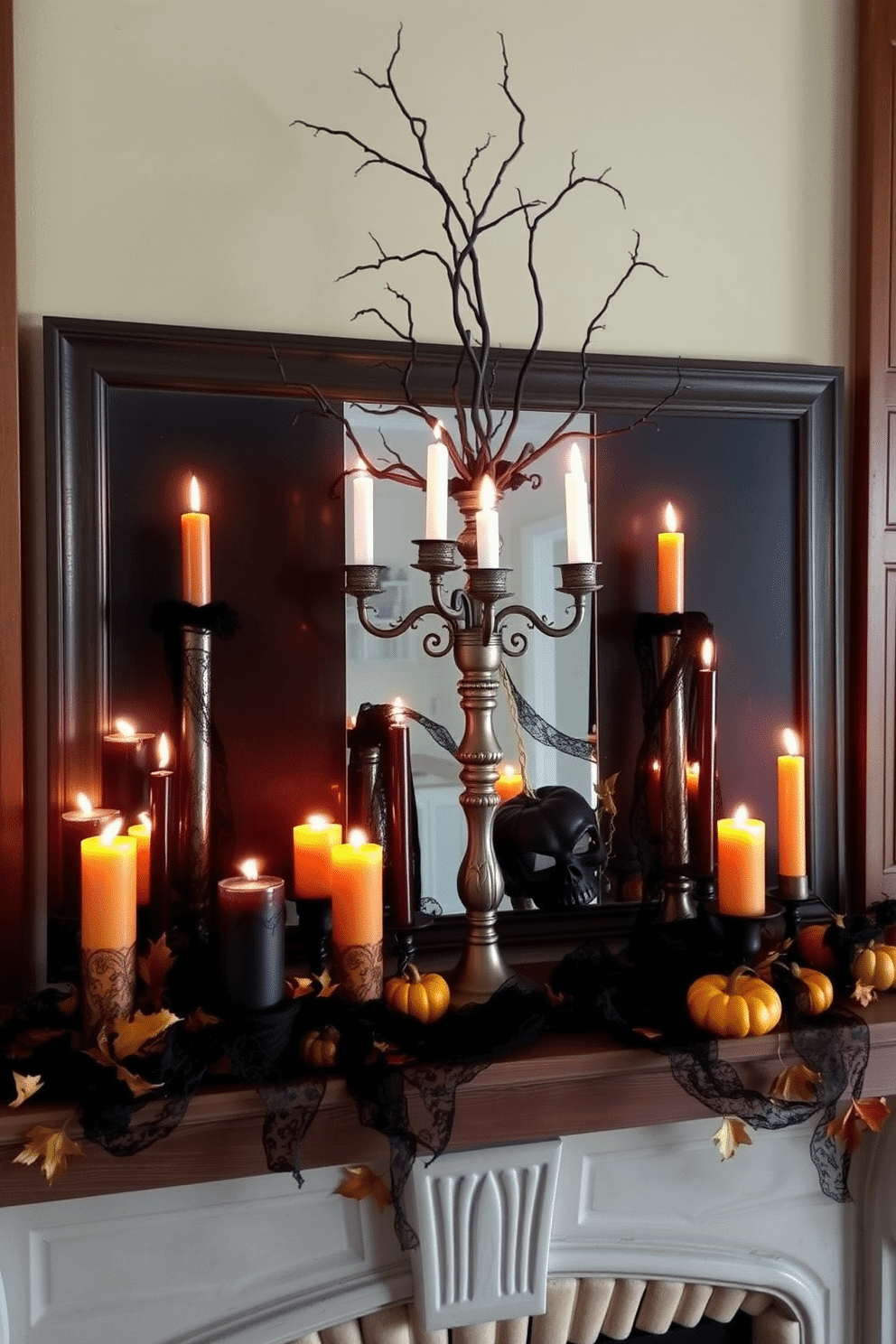 A spooky candle arrangement is set on a rustic wooden mantel, featuring an assortment of black and orange candles in varying heights. Delicate black lace drapes elegantly around the candles, creating an enchanting atmosphere as flickering flames cast eerie shadows. The fireplace itself is adorned with small pumpkins and autumn leaves, adding a festive touch to the Halloween decor. A vintage candelabra with dark, twisted branches stands proudly at the center, enhancing the overall spooky aesthetic.