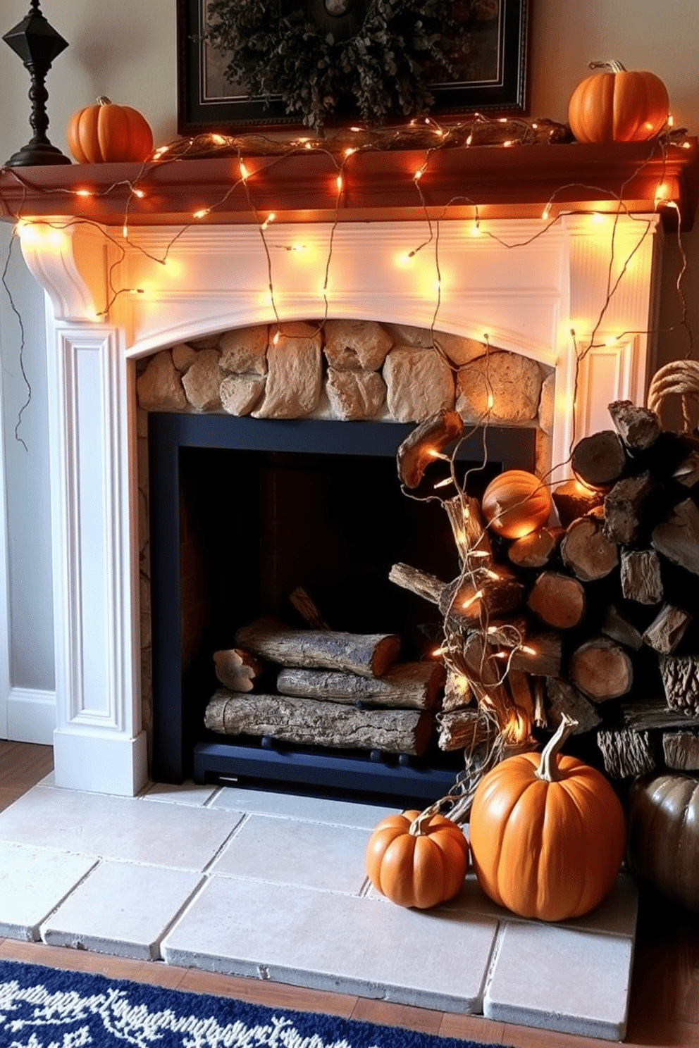 A cozy fireplace adorned with rustic logs stacked neatly beside it. Delicate fairy lights are intertwined among the logs, creating a warm and inviting glow for Halloween.