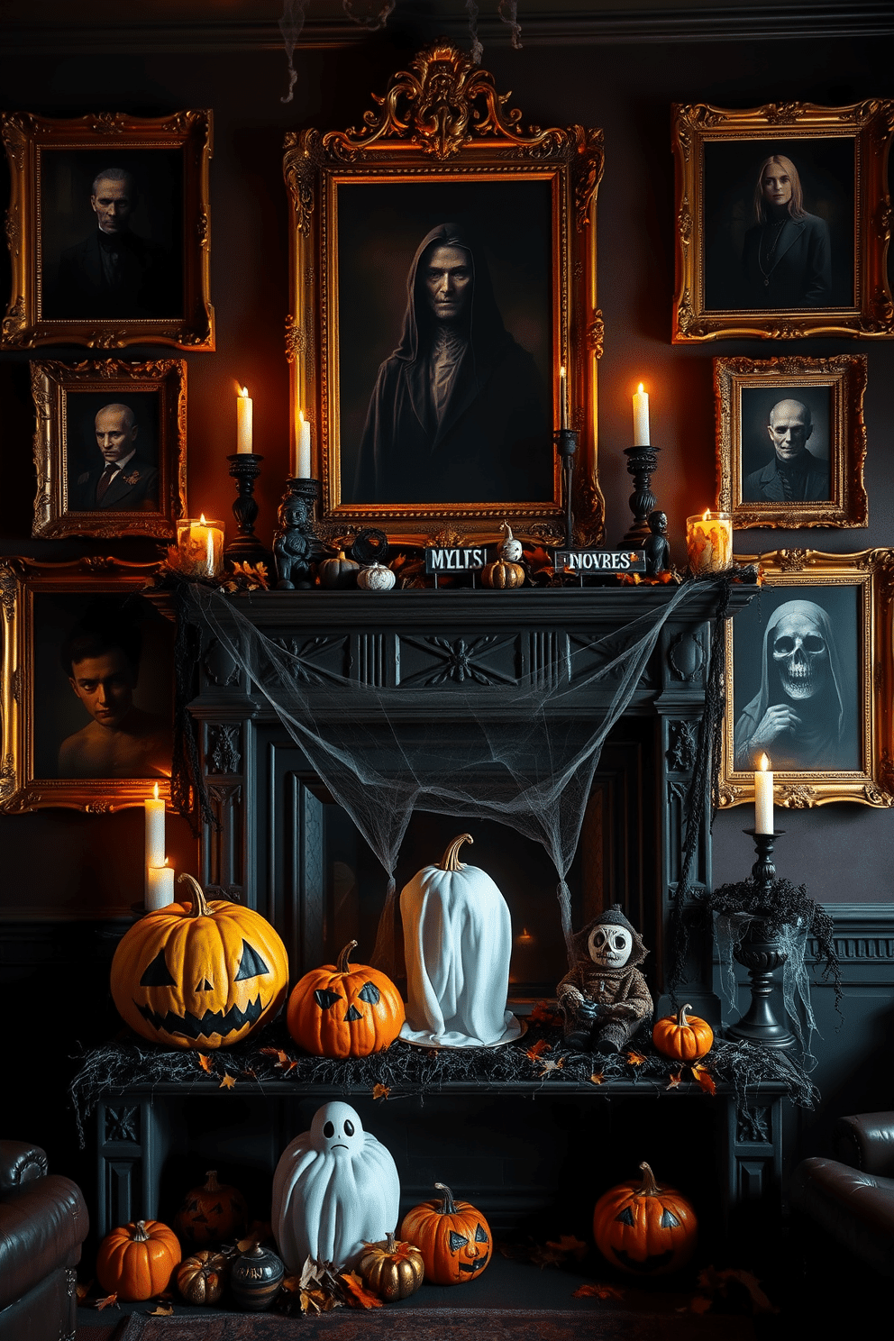 Creepy portraits with dark, haunting imagery are displayed in ornate, gilded frames that add an eerie elegance to the room. The portraits are arranged in a gallery wall style, casting shadows in the flickering candlelight. A grand fireplace serves as the focal point, adorned with cobwebs and spooky decorations. Pumpkins with sinister expressions sit on the mantel, surrounded by ghostly figurines and autumn leaves.