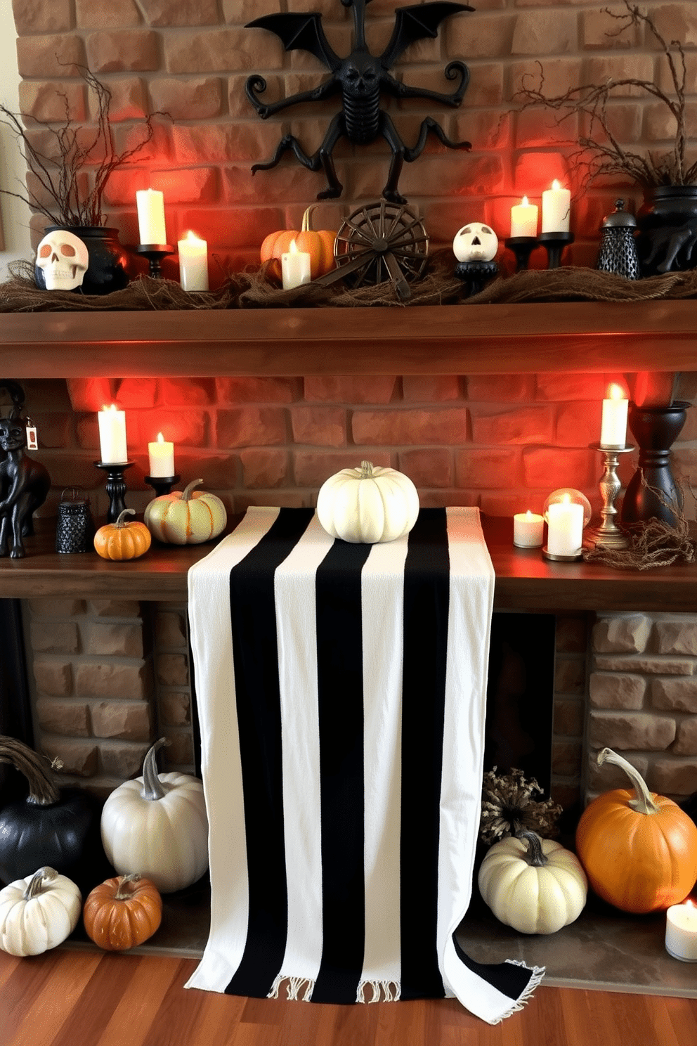 A cozy fireplace adorned for Halloween features a black and white striped table runner draped across the mantel. Surrounding the runner are rustic pumpkins, flickering candles, and spooky decorations that create an inviting yet festive atmosphere.