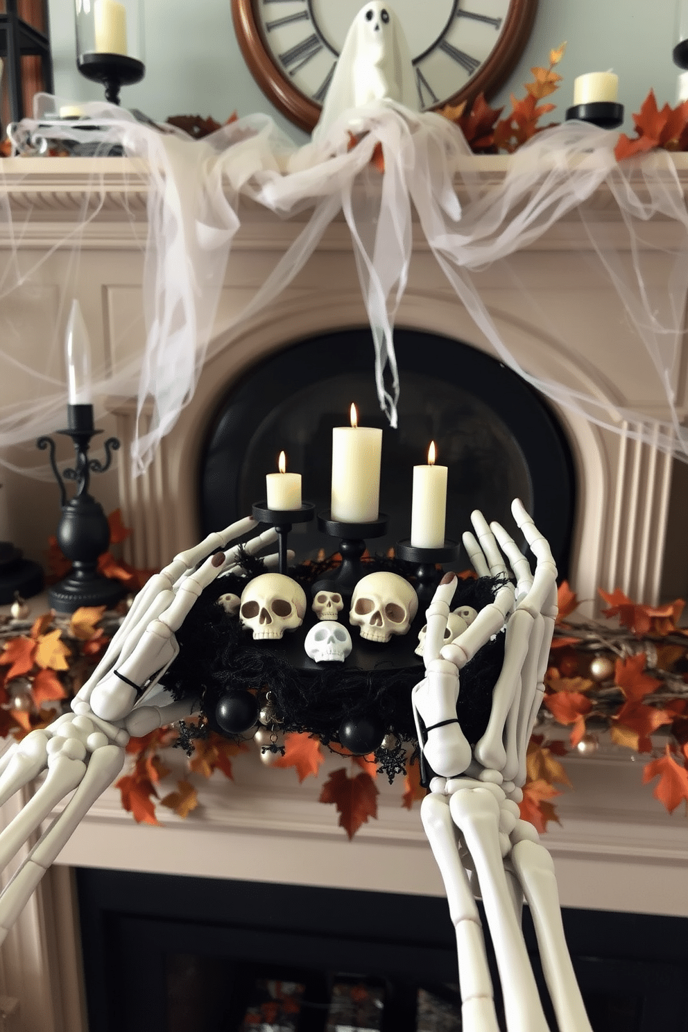 Skeleton hands delicately cradle a collection of eerie decorative pieces, including miniature skulls and flickering candles, creating a hauntingly elegant display. The fireplace is adorned with cobwebs and autumn leaves, while a ghostly garland drapes across the mantle, enhancing the spooky atmosphere.