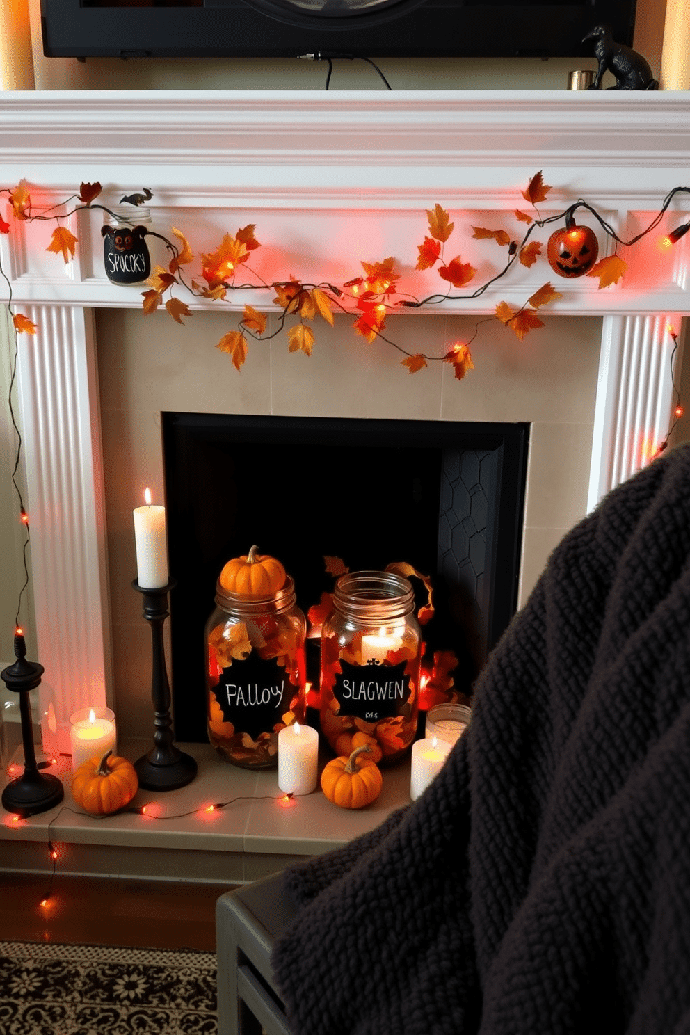 Create a cozy Halloween-themed fireplace setting. The fireplace is adorned with mason jars featuring spooky labels, filled with autumn leaves and miniature pumpkins. Surrounding the fireplace, there are flickering candles and a garland of orange and black lights. A plush, dark-colored throw blanket is draped over a nearby chair, adding to the inviting atmosphere.