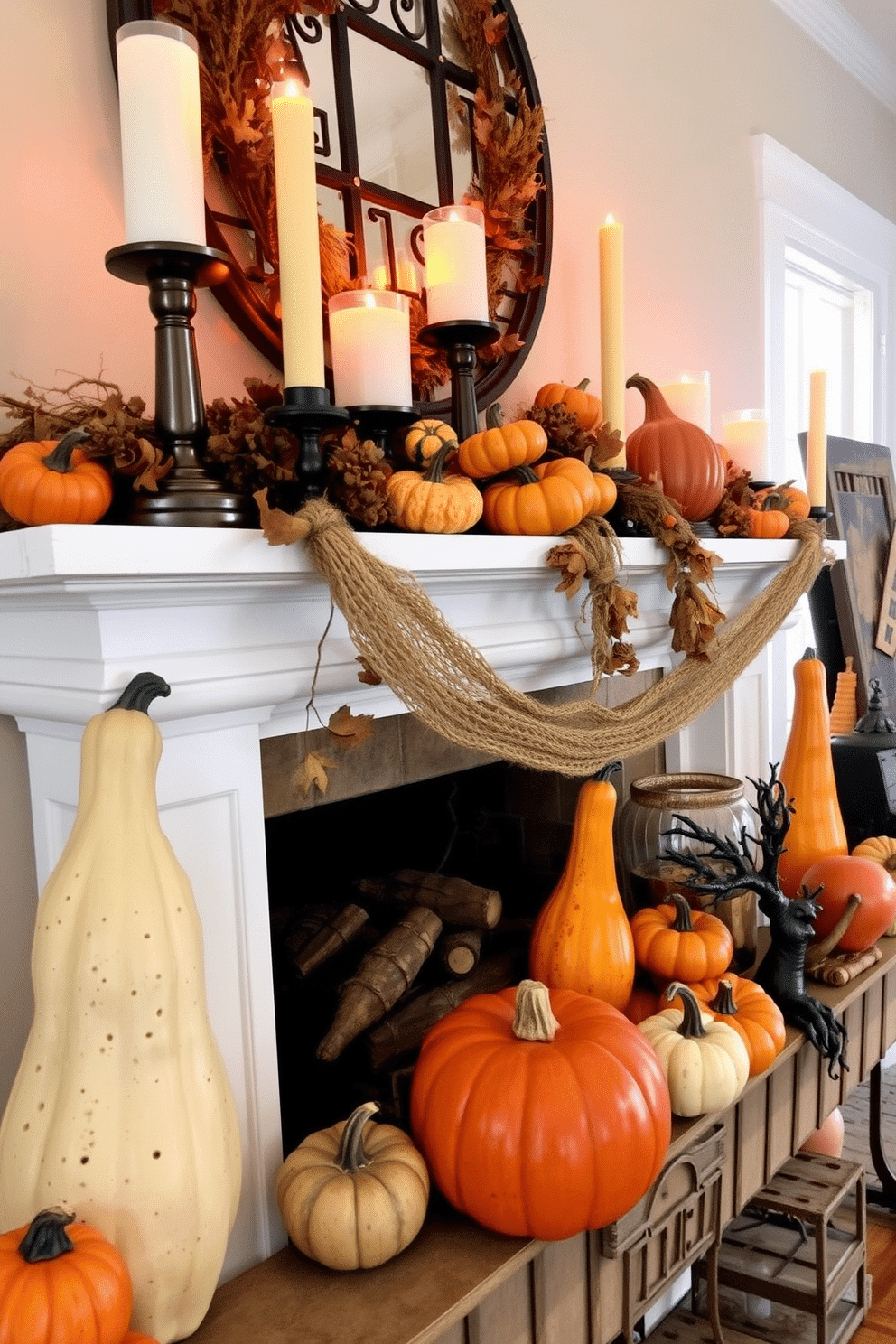 A charming Halloween fireplace setting featuring an assortment of gourds in various sizes arranged artfully on the mantel. The gourds are in rich autumn colors, complemented by flickering candles and rustic fall-themed decorations.