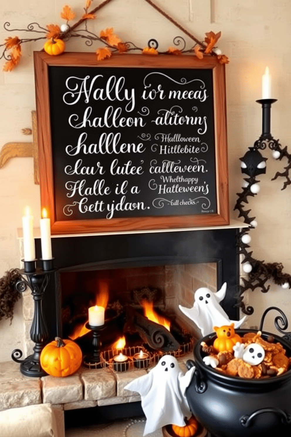 A charming chalkboard sign displays whimsical Halloween quotes in elegant handwriting. The sign is framed with rustic wood and adorned with small decorative pumpkins and autumn leaves. A cozy fireplace is decorated with spooky Halloween accents. Flickering candles, ghostly garlands, and a cauldron filled with treats create a festive atmosphere.