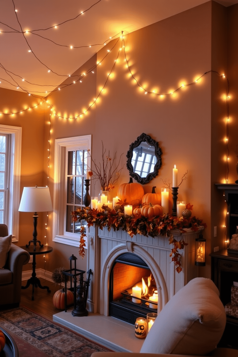 A cozy living room adorned with twinkling string lights that create a warm and inviting ambiance. The lights are draped elegantly across the ceiling and around the windows, casting a soft glow throughout the space. A beautifully decorated fireplace serves as the focal point of the room, featuring seasonal Halloween decorations. Pumpkins of various sizes are arranged on the mantel alongside flickering candles and autumn leaves, enhancing the festive atmosphere.