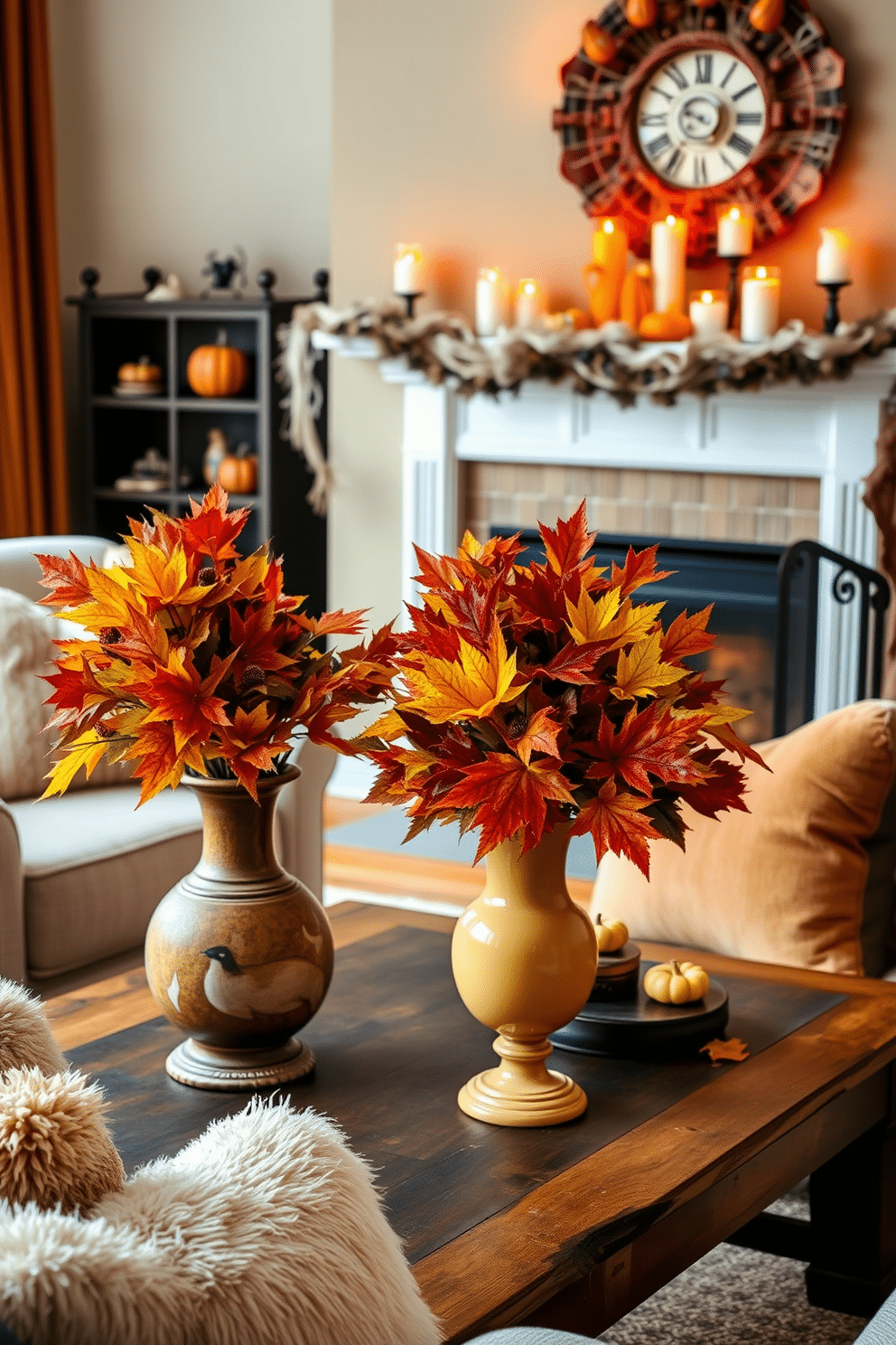 A cozy living room setting adorned with colorful fall foliage in elegant vases. The vases are positioned on a rustic wooden coffee table, surrounded by plush throw pillows in warm autumn hues. A charming fireplace is decorated for Halloween, featuring a garland of faux cobwebs and small pumpkins. Flickering candles in varied heights are placed on the mantel, adding a warm glow to the festive atmosphere.