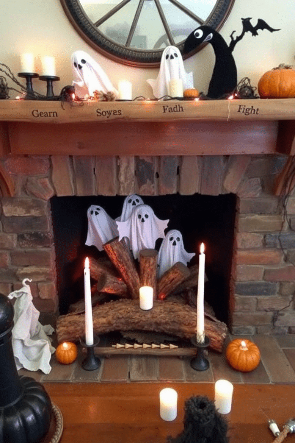 A cozy Halloween setting featuring a fireplace decorated with rustic logs. Ghostly figures peek out from behind the logs, creating an eerie yet inviting atmosphere with flickering candlelight.