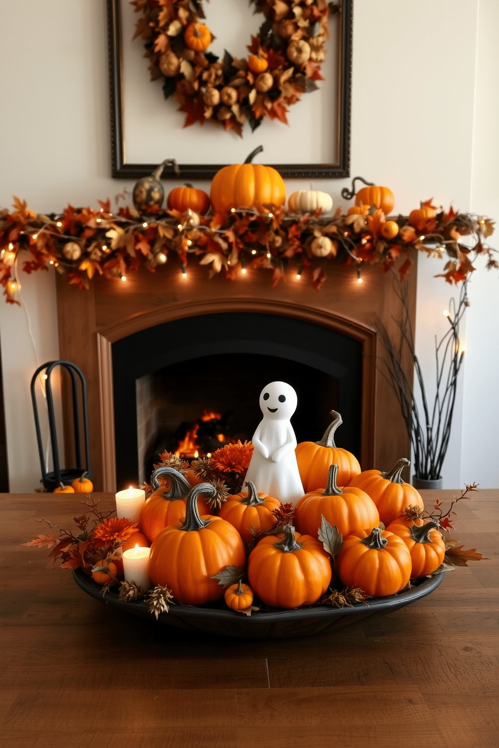 A whimsical Halloween centerpiece featuring a collection of vibrant orange pumpkins in various sizes, artfully arranged around a charming white ghost figure. The display is set on a rustic wooden table, with soft candlelight illuminating the scene for a cozy, festive atmosphere. The fireplace is adorned with autumn leaves and twinkling fairy lights, creating a warm and inviting focal point in the room. Above the mantel, a garland of mixed foliage and miniature pumpkins adds a seasonal touch, enhancing the overall Halloween decor.