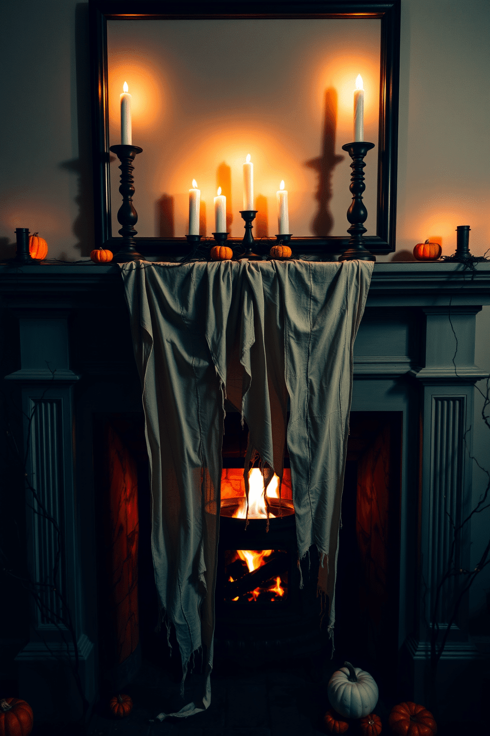 A spooky fireplace setting for Halloween. The mantel is adorned with a tattered cloth that hangs loosely, creating an eerie atmosphere. Above the fireplace, flickering candles cast shadows on the walls. Dark, twisted branches and small pumpkins are scattered along the mantel for an added touch of fright.