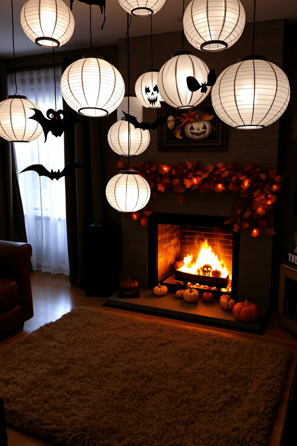 A cozy living room adorned with hanging paper lanterns in spooky shapes. The lanterns cast eerie shadows as they sway gently in the warm glow of the fireplace. The fireplace is decorated with autumn leaves and small pumpkins, creating a festive atmosphere. A plush rug lies in front of the fireplace, inviting guests to gather and enjoy the Halloween spirit.